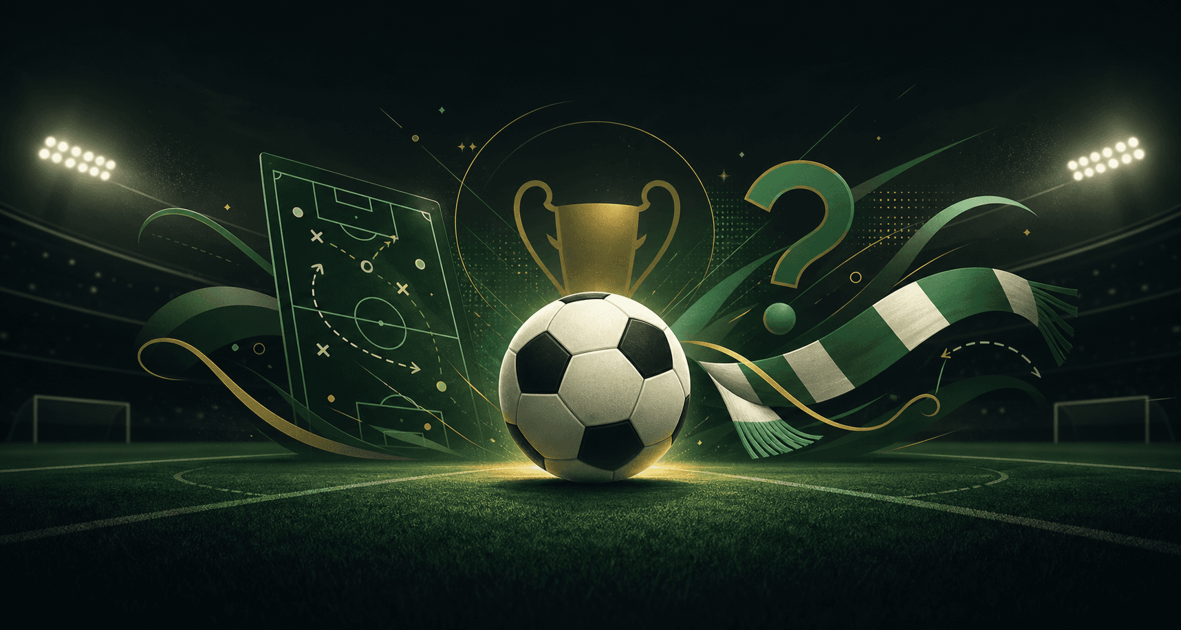 Pallone su un campo illuminato con simboli di tattica, tifo e cultura calcistica